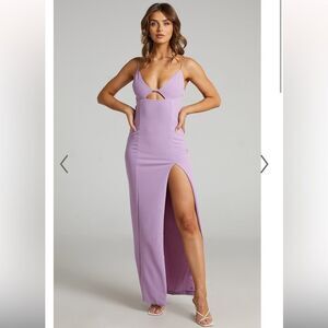 Showpo Women's NIKKOLYN CUT OUT THIGH SPLIT MAXI DRESS LILAC Size 12 Flirty